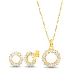 Conjunto y par aros circulo con piedras baguettes, amarillo