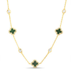Conjunto trebol, dorado con verde y piedras blancas con virolas
