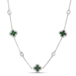 Conjunto trebol plateado con verde y piedras blancas