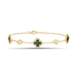 Pulsera trebol, dorada con verde y piedras blancas
